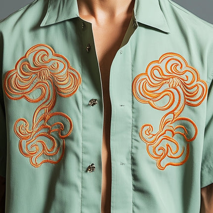 Men's Casual Shirt | Spring Fashion | Contrast Embroidery Design | Short Sleeve | Stylish & Comfortable | Breathable Quality Fabric | Available in Variety of Sizes | Perfect for Casual Spring Outings