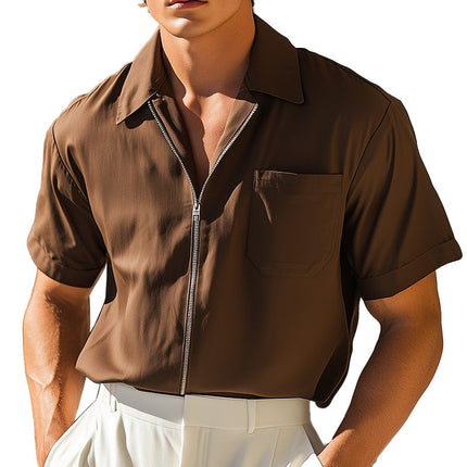 Men's Retro Spring Short Sleeve Shirt | Solid Color Jacket Shirt | Vintage Inspired | Durable Soft Fabric | Versatile Casual Style | Front Zipper | Comfortable Fit | Multiple Sizes Available