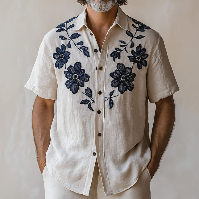 Men's Vintage Embroidered Short Sleeve Shirt | Spring Fashion | Classic Design | Breathable Fabric | Casual & Semi-Formal | Timeless Style