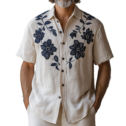 Men's Vintage Embroidered Short Sleeve Shirt | Spring Fashion | Classic Design | Breathable Fabric | Casual & Semi-Formal | Timeless Style