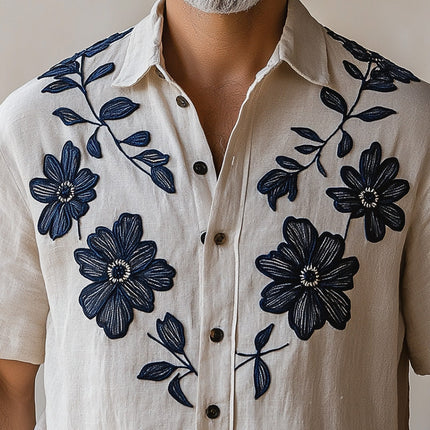 Men's Vintage Embroidered Short Sleeve Shirt | Spring Fashion | Classic Design | Breathable Fabric | Casual & Semi-Formal | Timeless Style