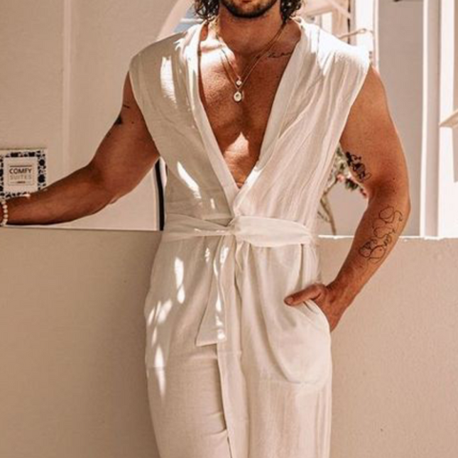 Men's Cotton Linen Jumpsuit | Summer Casual Vacation Style | Breathable Tank Top Design | With Belt | Functional Pockets | Easy Fit | Versatile Outfit for Warm Weather | Ideal for Beach Trips & Outings