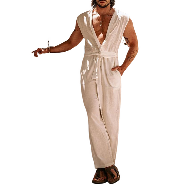 Men's Cotton Linen Jumpsuit | Summer Casual Vacation Style | Breathable Tank Top Design | With Belt | Functional Pockets | Easy Fit | Versatile Outfit for Warm Weather | Ideal for Beach Trips & Outings