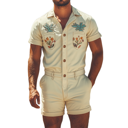Men’s Embroidered Twill Cotton Jumpsuit | Summer Fashion | Western Style | Casual & Durable | Multiple Pockets | Breathable Fabric | Relaxed Fit | Elegant Patterns | Versatile Wear | Contemporary Men's Apparel