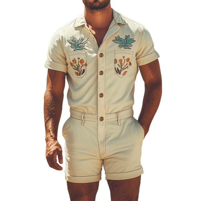 Men’s Embroidered Twill Cotton Jumpsuit | Summer Fashion | Western Style | Casual & Durable | Multiple Pockets | Breathable Fabric | Relaxed Fit | Elegant Patterns | Versatile Wear | Contemporary Men's Apparel