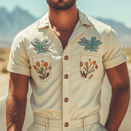 Men’s Embroidered Twill Cotton Jumpsuit | Summer Fashion | Western Style | Casual & Durable | Multiple Pockets | Breathable Fabric | Relaxed Fit | Elegant Patterns | Versatile Wear | Contemporary Men's Apparel