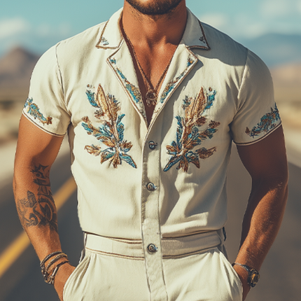 Men's Embroidered Jumpsuit | Cotton Linen Blend | Summer Casual Western Style | Breathable Fabric | Functional Pockets | Versatile One-Piece | Fashionable Design for Men
