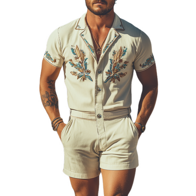 Men's Embroidered Jumpsuit | Cotton Linen Blend | Summer Casual Western Style | Breathable Fabric | Functional Pockets | Versatile One-Piece | Fashionable Design for Men