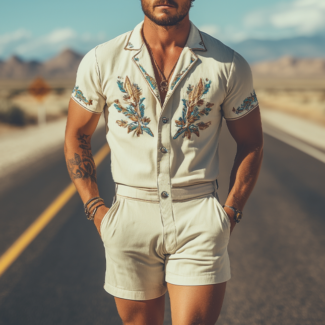 Men's Embroidered Jumpsuit | Cotton Linen Blend | Summer Casual Western Style | Breathable Fabric | Functional Pockets | Versatile One-Piece | Fashionable Design for Men