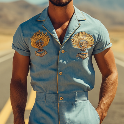 Men's Jumpsuit | Summer Style | Casual Western Design | Embroidered Ramie Fabric | Breathable Lightweight | Functional Pockets | Easy Wear | Modern Rustic Charm | Versatile Warm-Weather Apparel