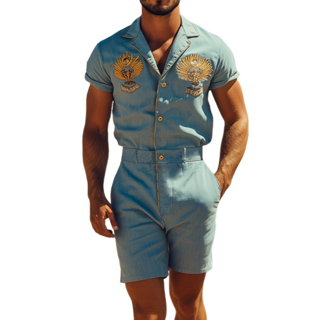 Men's Jumpsuit | Summer Style | Casual Western Design | Embroidered Ramie Fabric | Breathable Lightweight | Functional Pockets | Easy Wear | Modern Rustic Charm | Versatile Warm-Weather Apparel