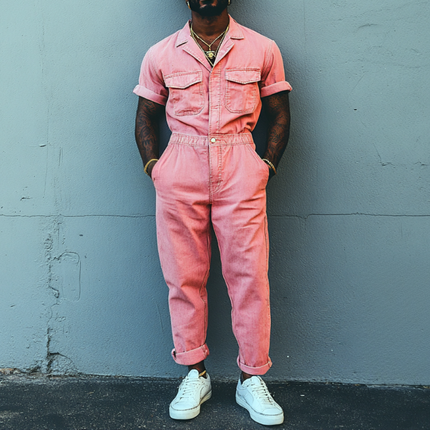 Men's Jumpsuit | Casual Denim Washed | Short Sleeve | Lapel Collar | Chest Pocket | Slim Fit | Versatile One-Piece | MTA1175D3M