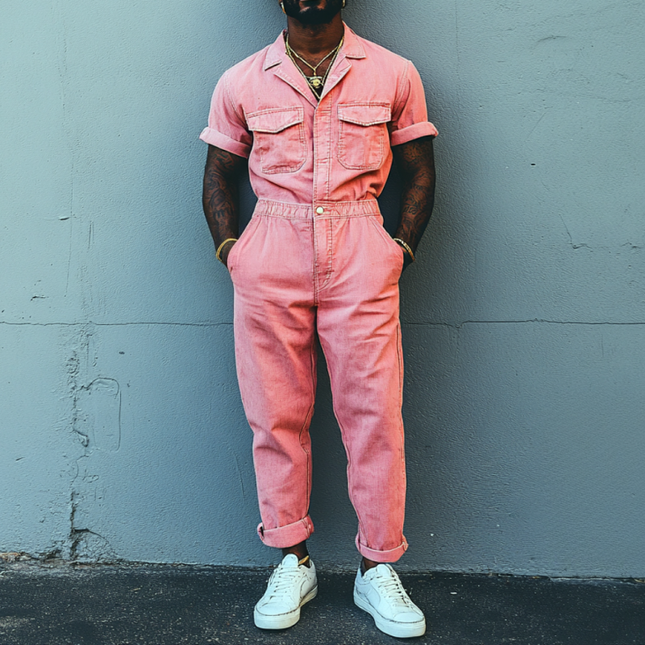 Men's Jumpsuit | Casual Denim Washed | Short Sleeve | Lapel Collar | Chest Pocket | Slim Fit | Versatile One-Piece | MTA1175D3M