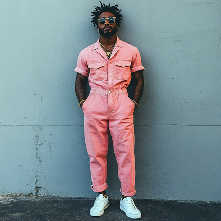 Men's Jumpsuit | Casual Denim Washed | Short Sleeve | Lapel Collar | Chest Pocket | Slim Fit | Versatile One-Piece | MTA1175D3M