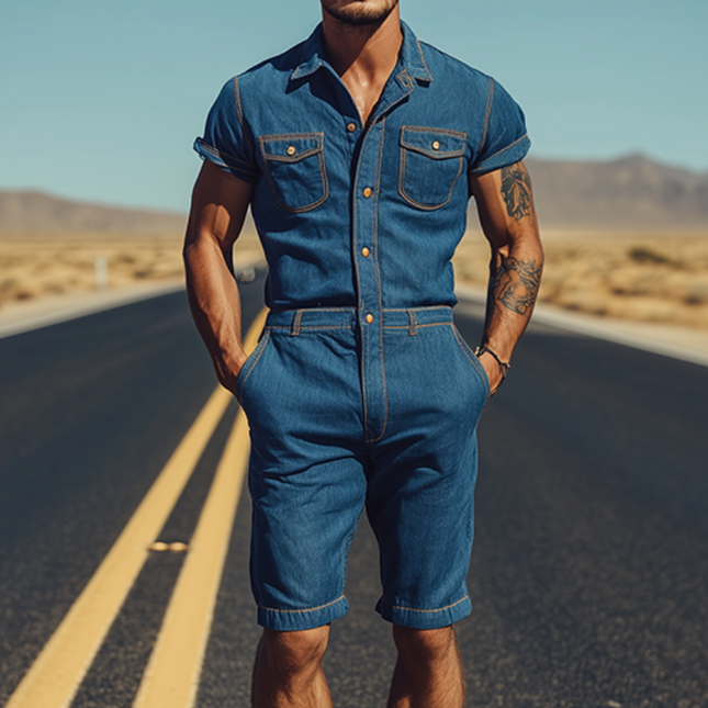 Men's Tencel Denim Jumpsuit | Casual Classic Western Style | Multi-Pocket Design | Relaxed Fit | Summer Apparel | Versatile Fashion One-Piece