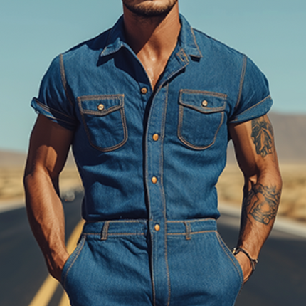 Men's Tencel Denim Jumpsuit | Casual Classic Western Style | Multi-Pocket Design | Relaxed Fit | Summer Apparel | Versatile Fashion One-Piece