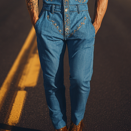 Men's Tencel Denim Jumpsuit | Summer Western Style | Casual Comfort | Embroidered Details | Breathable & Soft | Versatile Fashion | Functional with Pockets | Classic Design | Perfect for Any Occasion