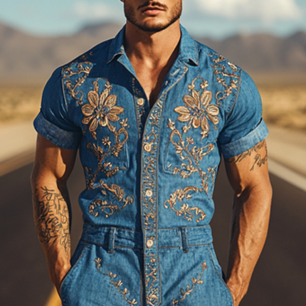 Men's Tencel Denim Jumpsuit | Summer Western Style | Casual Comfort | Embroidered Details | Breathable & Soft | Versatile Fashion | Functional with Pockets | Classic Design | Perfect for Any Occasion