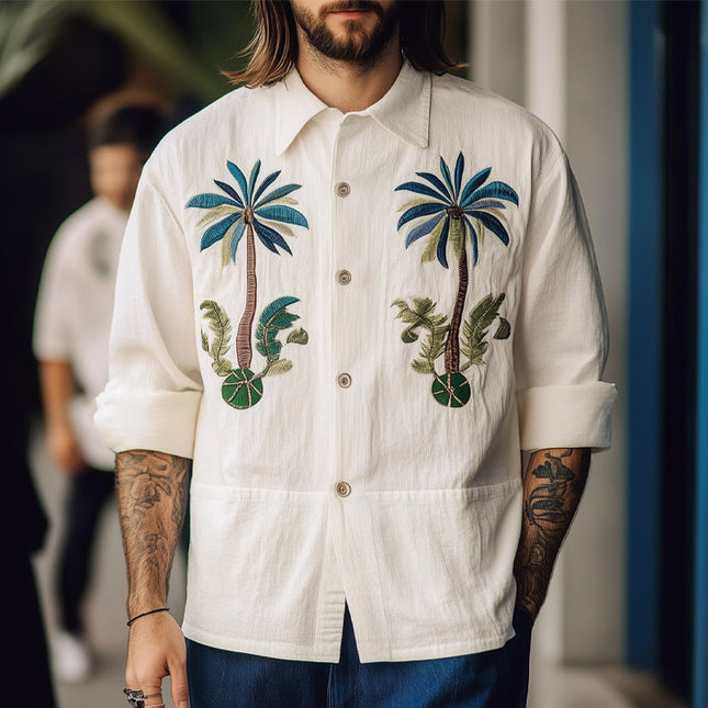 Men's Hawaiian Embroidered Long Sleeve Shirt | Breathable Cotton Blend | Spread Collar | Summer Beachwear | Casual & Smart-Casual Styles | Tropical Island Design | Sizes S-3XL | Comfortable Relaxed Fit