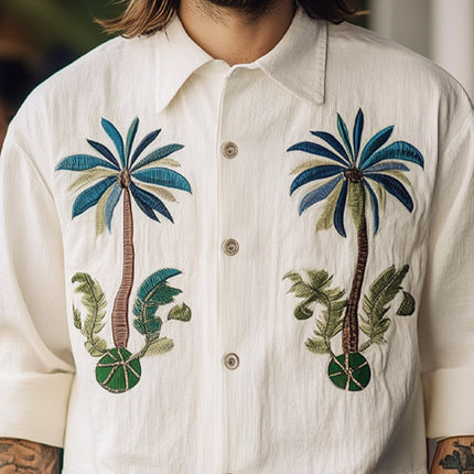 Men's Hawaiian Embroidered Long Sleeve Shirt | Breathable Cotton Blend | Spread Collar | Summer Beachwear | Casual & Smart-Casual Styles | Tropical Island Design | Sizes S-3XL | Comfortable Relaxed Fit