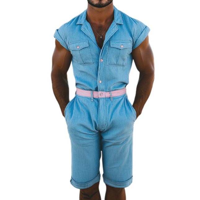 Men's Summer Casual Jumpsuit | Tencel Denim | Multi-Pocket | Stylish Splicing Design | Classic Fit | Breathable Fabric | Easy Care | Versatile One-Piece for Casual and Active Outings