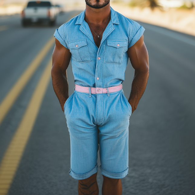 Men's Summer Casual Jumpsuit | Tencel Denim | Multi-Pocket | Stylish Splicing Design | Classic Fit | Breathable Fabric | Easy Care | Versatile One-Piece for Casual and Active Outings