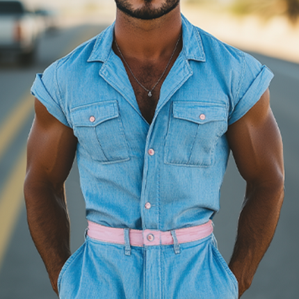 Men's Summer Casual Jumpsuit | Tencel Denim | Multi-Pocket | Stylish Splicing Design | Classic Fit | Breathable Fabric | Easy Care | Versatile One-Piece for Casual and Active Outings
