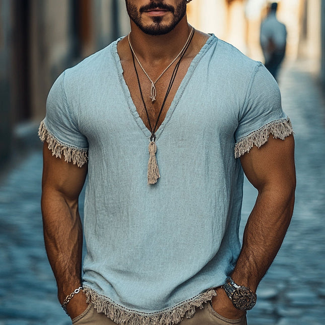 Men's V-Neck T-Shirt | Cotton Linen Blend | Fringed Hem | Short Sleeve | Casual & Semi-Formal Top | Breathable Fabric | Stylish & Comfortable | Multiple Sizes | Versatile Everyday Wear
