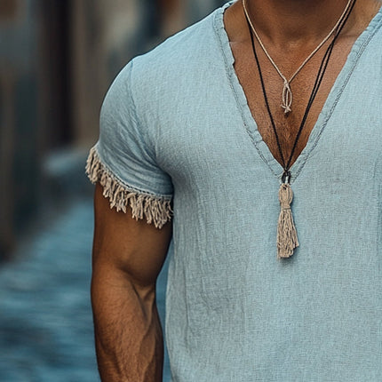 Men's V-Neck T-Shirt | Cotton Linen Blend | Fringed Hem | Short Sleeve | Casual & Semi-Formal Top | Breathable Fabric | Stylish & Comfortable | Multiple Sizes | Versatile Everyday Wear