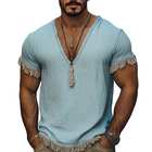 Men's V-Neck T-Shirt | Cotton Linen Blend | Fringed Hem | Short Sleeve | Casual & Semi-Formal Top | Breathable Fabric | Stylish & Comfortable | Multiple Sizes | Versatile Everyday Wear