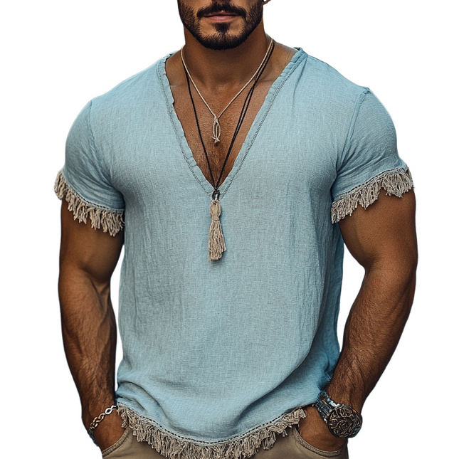 Men's V-Neck T-Shirt | Cotton Linen Blend | Fringed Hem | Short Sleeve | Casual & Semi-Formal Top | Breathable Fabric | Stylish & Comfortable | Multiple Sizes | Versatile Everyday Wear
