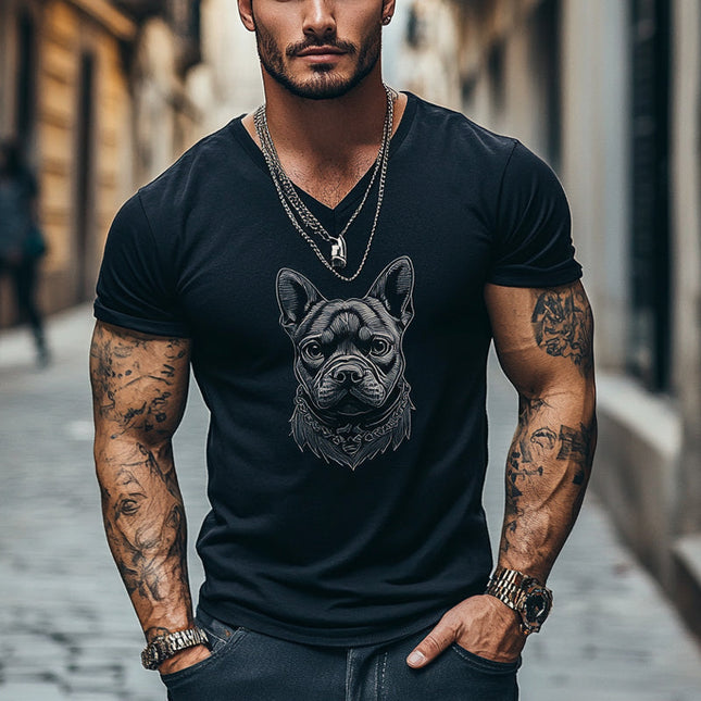 Men's V-Neck T-Shirt | Short Sleeve Tee | Fun Puppy Print | Casual Style | Comfortable Fit | Relaxed Wear | Whimsical Design | Soft & Breathable Fabric | Ideal for Casual Outings | Fashionable Top