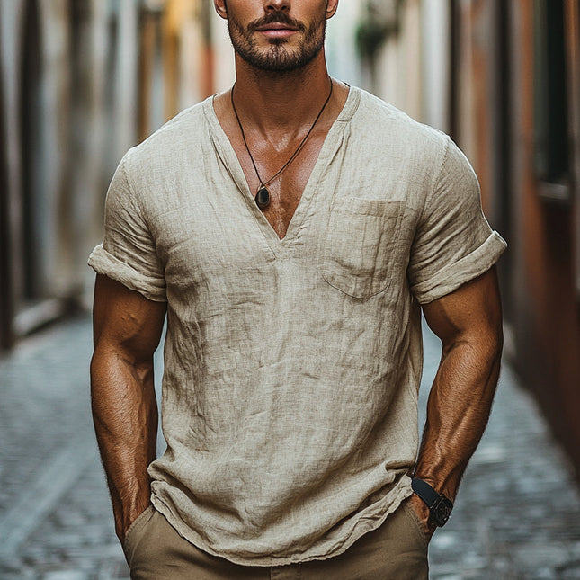 Men's Breathable Cotton Linen T-Shirt | Loose Fit V-Neck | Short Sleeve | Casual Summer Top