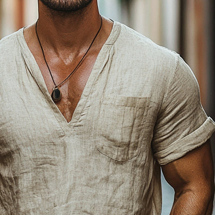 Men's Breathable Cotton Linen T-Shirt | Loose Fit V-Neck | Short Sleeve | Casual Summer Top