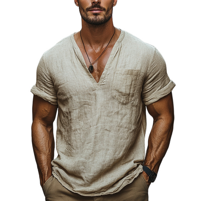 Men's Breathable Cotton Linen T-Shirt | Loose Fit V-Neck | Short Sleeve | Casual Summer Top