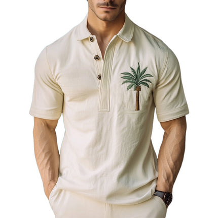 Men's Summer Polo Neck T-Shirt | Coconut Tree Embroidery | Short Sleeve | Breathable Lightweight Fabric | Regular Fit | Sizes S-3XL | Machine Washable | Casual & Beach Wear | Tropical Vibes