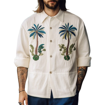 Men's Hawaiian Embroidered Long Sleeve Shirt | Breathable Cotton Blend | Spread Collar | Summer Beachwear | Casual & Smart-Casual Styles | Tropical Island Design | Sizes S-3XL | Comfortable Relaxed Fit