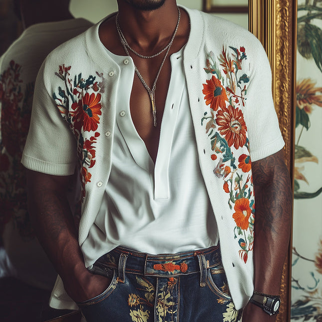 Men's Knitted Cardigan | Vintage Floral Embroidery | Short Sleeve | V-Neck | Casual & Semi-Formal Outerwear | Soft & Durable Fabric | Sizes S-3XL | Stylish Layering Piece | Fashion-Forward Design