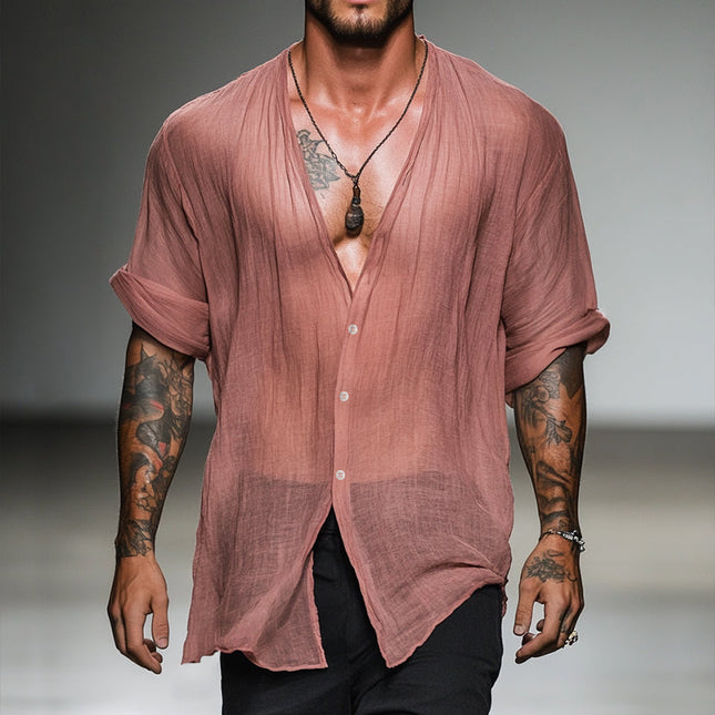 Men's Vintage Style Linen Shirt | Casual V-Neck | Long Sleeve | Lightweight & Breathable | Relaxed Fit | Versatile Wardrobe Essential | Ideal for Casual & Beach Outings | Multiple Sizes & Colors Available