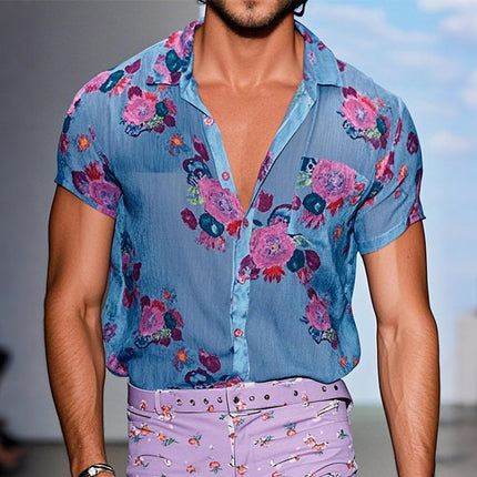 Men's Floral Linen Short Sleeve Shirt | Vintage Casual Lapel Design | Breathable Summer Top | Versatile for Beach Outings & Gatherings | Lightweight & Comfortable | Sizes S-3XL