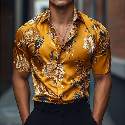 Men's Vintage Floral Shirt | Retro Style | Short Sleeve | Lapel Collar | Casual Wear | Breathable Satin | Summer Fashion | Versatile Sizes S-3XL | Ideal for Beach, Brunch, Vacations | Vibrant Print