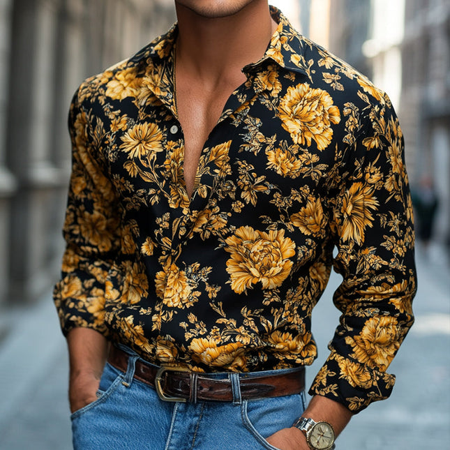Men's Floral Lapel Long Sleeve Shirt | Retro Casual Printed | Vintage Beachwear | Modern Aesthetic | Breathable Fabric | S-3XL Sizes | Perfect for Relaxed Gatherings