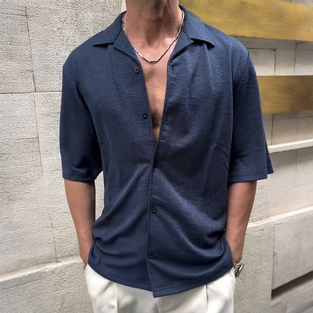 Men's Retro Style Short Sleeve Shirt | Solid Lapel Collar | Casual & Semi-Formal | Cotton Blend | Comfortable Fit | Classic Design | Sizes S-3XL | Versatile Wardrobe Essential