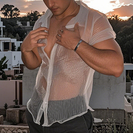 Men's Mesh Striped Short Sleeve Shirt | Lapel Collar | Casual Wear | Breathable Fabric | Sizes S-3XL | Versatile Style for Weekends & Office | Comfortable Fit