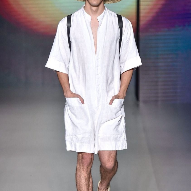 Men's Cotton Linen Jumpsuit | Summer Casual Deep V-Neck | Breathable Loose Fit | Fashionable One-Piece | Functional Pockets | Versatile for Beach Lounge