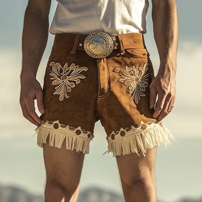 Men's Retro Western Suede Shorts | Tassel & Embroidery Detail | Spring Summer Fashion | No Belt Included