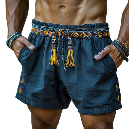 Men's Ethnic Embroidered Lace-Up Cotton Blend Shorts | Casual Summer Style | Breathable Lightweight Fabric | Adjustable Waist | Ideal for Beach Getaways & Festivals | S-3XL
