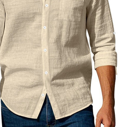 Men's Stand Collar Long Sleeve Shirt | Cotton Linen Blend | Casual & Versatile | Sophisticated Style | Comfortable Fit | Breathable Fabric | Perfect for Work & Leisure
