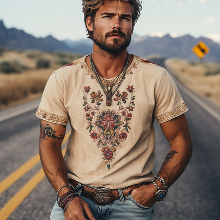 Men's Retro Western Short Sleeve T-Shirt | Suede Embroidered Design | Classic Spring Summer Style | Soft Luxurious Feel | Breathable Suede Fabric | Nostalgic Western Aesthetic | Casual Versatile Fit