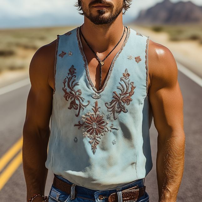 Men's Retro Western Suede Tank Top | Deep V-Neck | Embroidered Design | Classic Spring/Summer Style | Soft & Breathable Fabric | Relaxed Fit | Versatile Casual Wear
